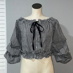 Etophe Studio Women’s Puff Sleeve Plaid On/Off The Shoulder Blouse size M NWOT